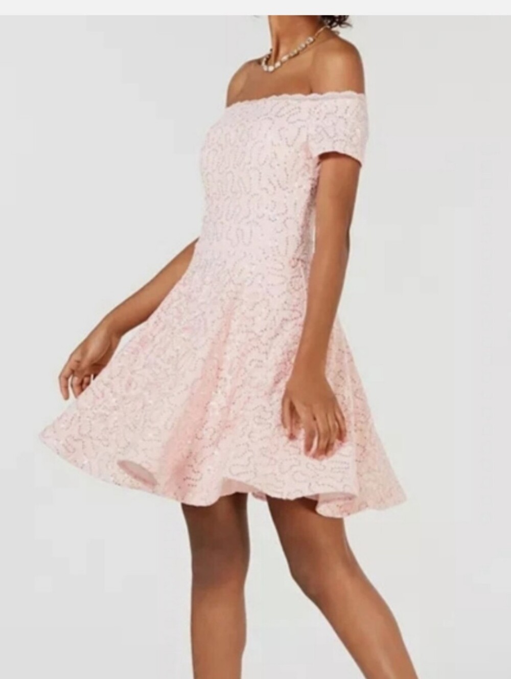 NWOT B Darlin Blush Pink Off-Shoulder Dress Sequin And Lace